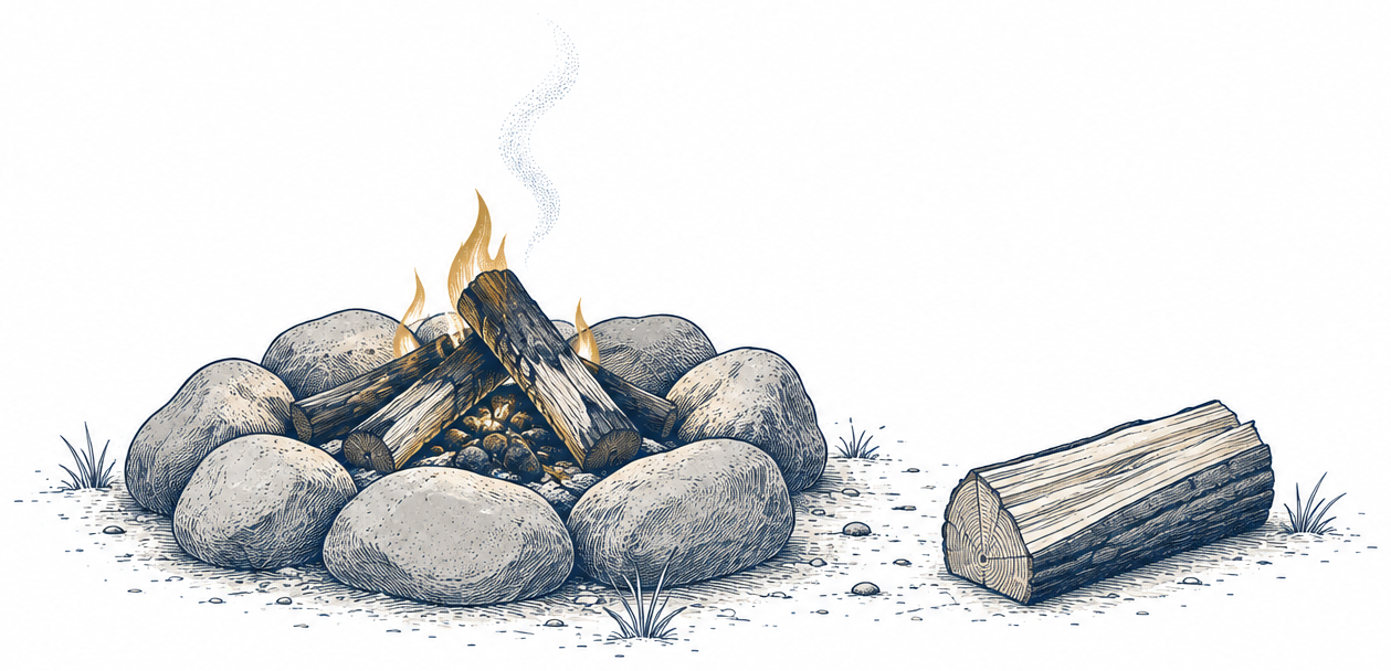 A small campfire burning low on a ring of stones, with one log set aside beside it.