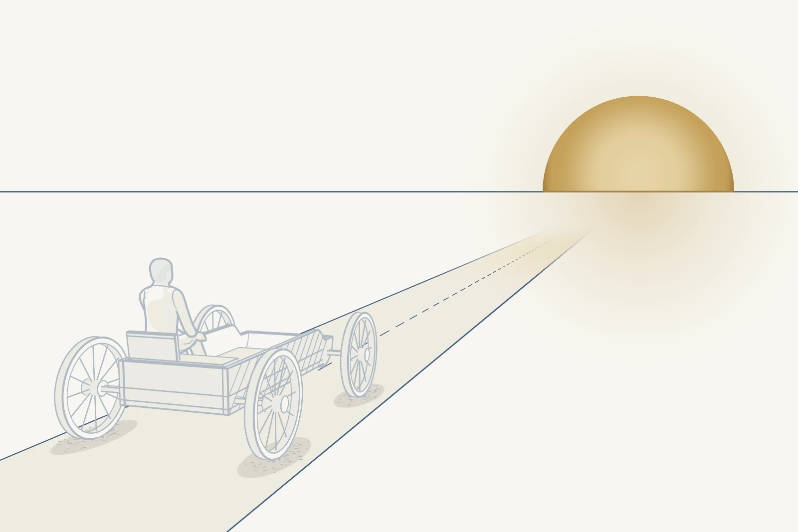 The Journey of Life: a Traveller seated in a four-wheeled Vehicle on a road towards a rising sun. The wheels are Relationships, Profession and Work, Finances, and Values and Ethics.