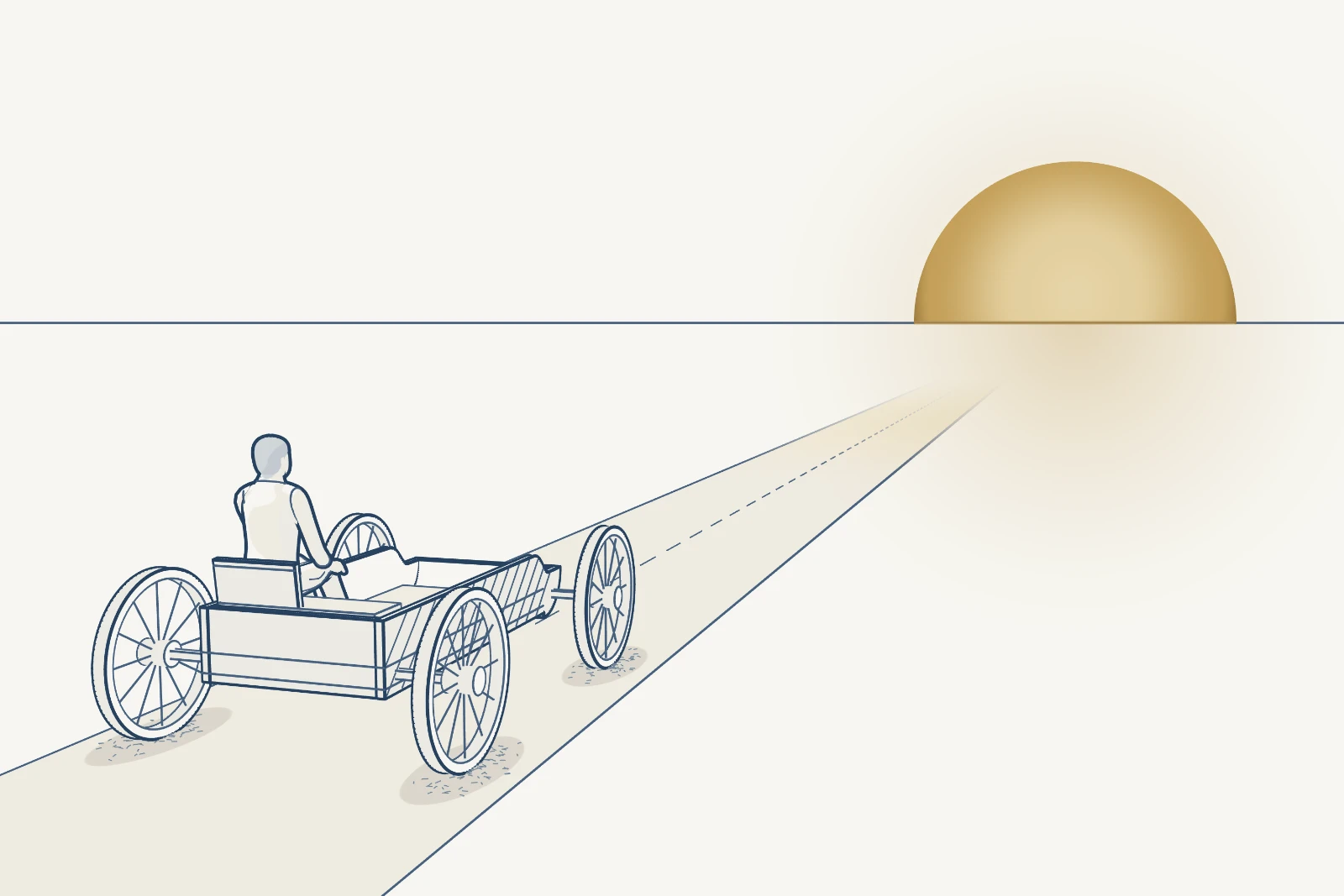 The Journey of Life: a Traveller seated in a four-wheeled Vehicle on a road towards a rising sun. The wheels are Relationships, Profession and Work, Finances, and Values and Ethics.