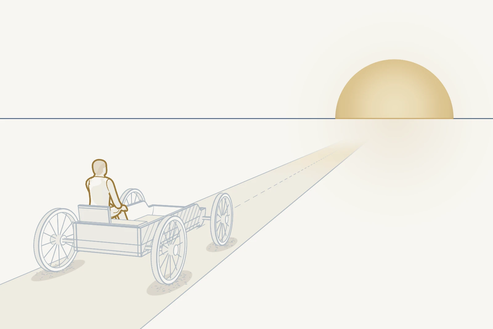 The Journey of Life: a Traveller seated in a four-wheeled Vehicle on a road towards a rising sun. The wheels are Relationships, Profession and Work, Finances, and Values and Ethics.