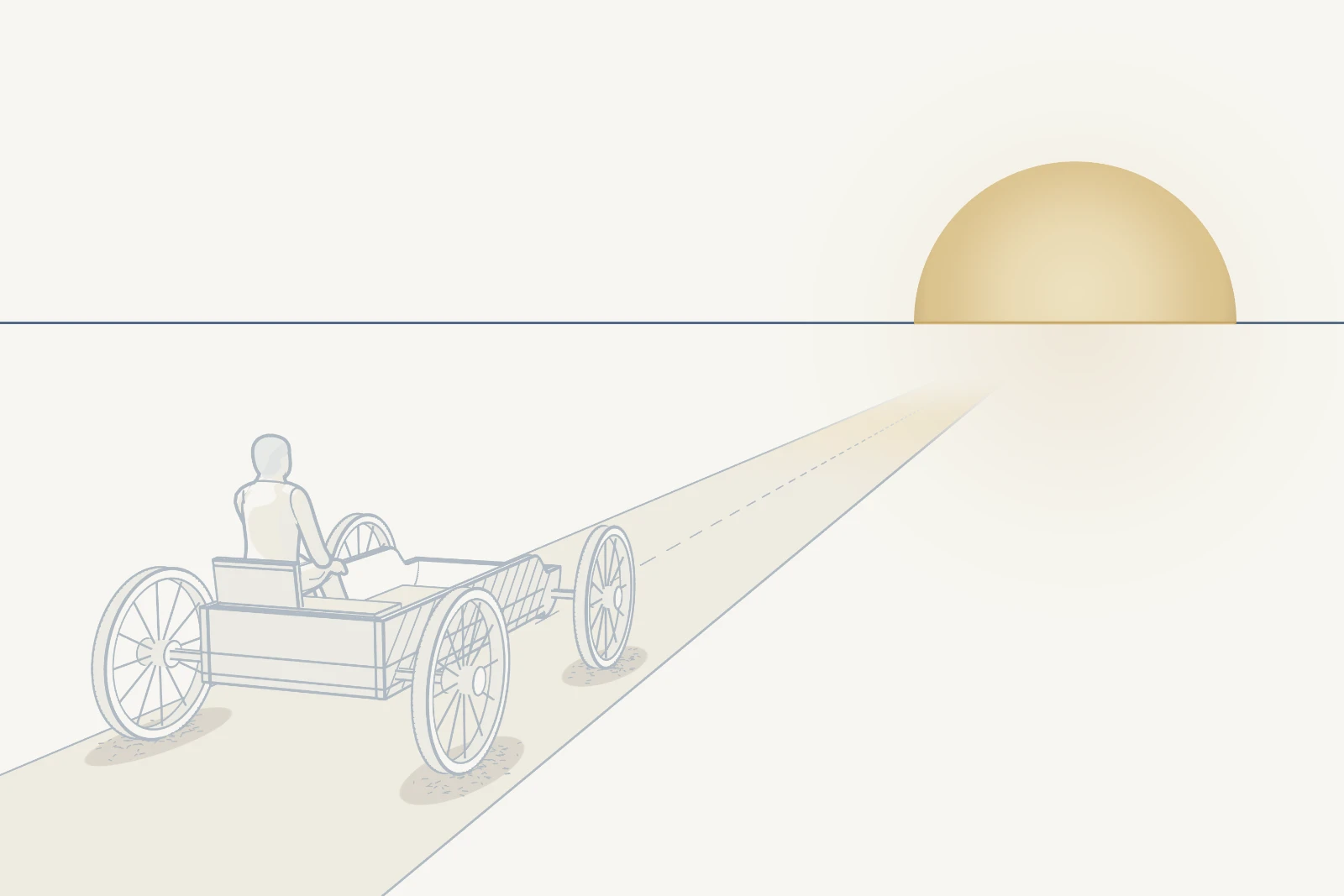The Journey of Life: a Traveller seated in a four-wheeled Vehicle on a road towards a rising sun. The wheels are Relationships, Profession and Work, Finances, and Values and Ethics.