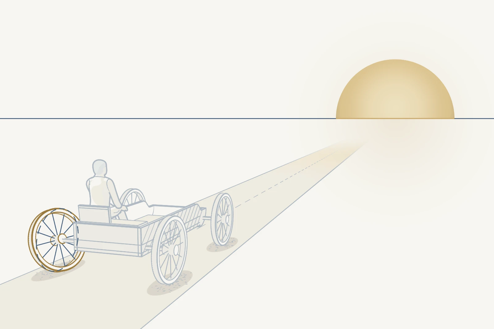 The Journey of Life: a Traveller seated in a four-wheeled Vehicle on a road towards a rising sun. The wheels are Relationships, Profession and Work, Finances, and Values and Ethics.