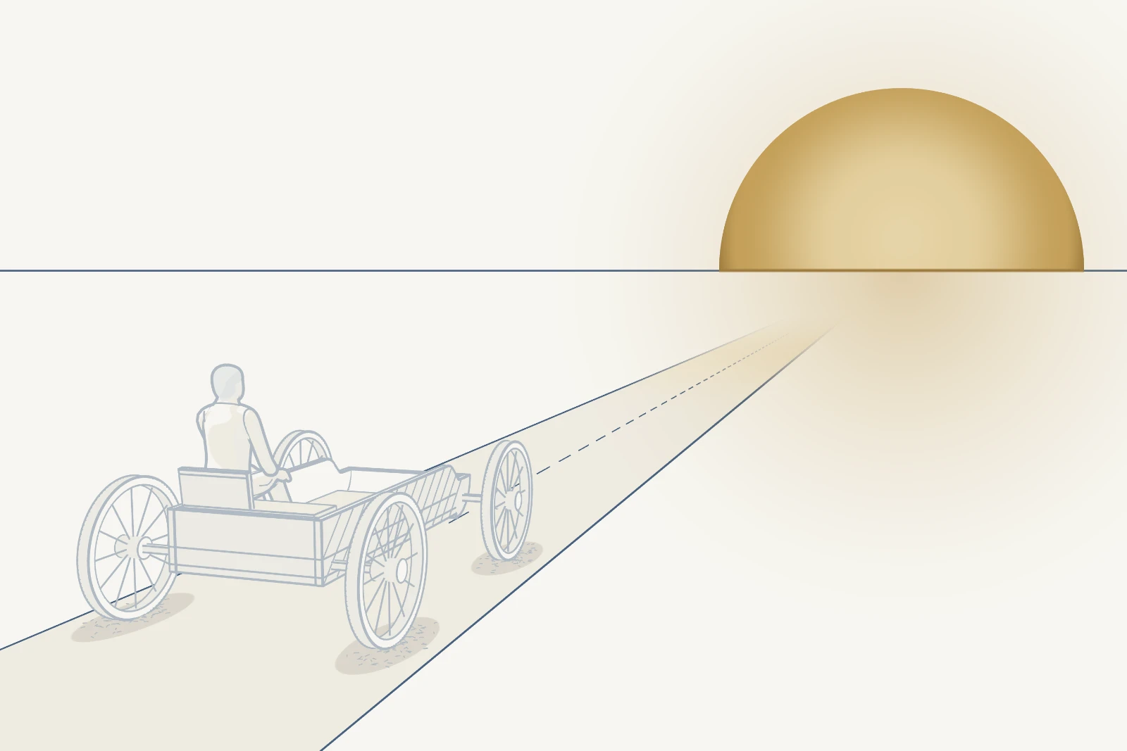 The Journey of Life: a Traveller seated in a four-wheeled Vehicle on a road towards a rising sun. The wheels are Relationships, Profession and Work, Finances, and Values and Ethics.